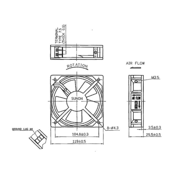 Sunon Fläkt - 230 Vac-hylsa - 120 X 120 X 25 Mm
