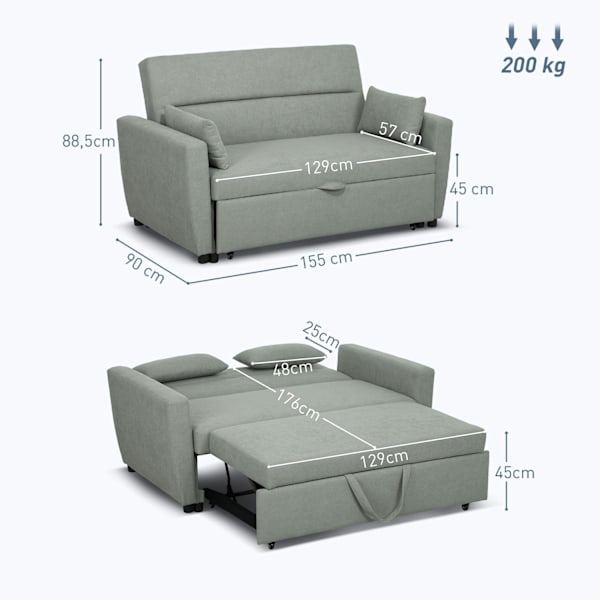 Bäddsoffa, 2-sits soffa med sovfunktion, justerbart ryggstöd, soffa med kuddar, sammetslook, bäddsoffa med bäddbox för vardagsrum, gästrum, ljusgrå
