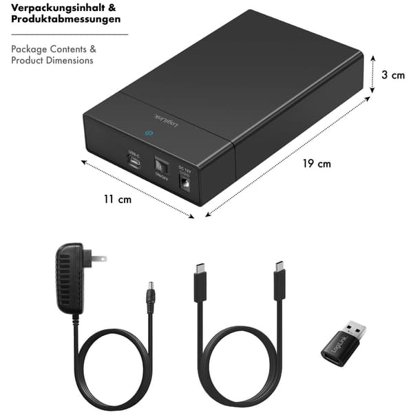 USB-C SATA HDD/SSD-kabinet, 2,5"/3,5", værktøjsfri, sort