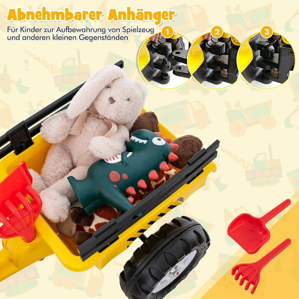 3-in-1 lasten ajettava puskutraktori 6 pyörällä 178 x 42 x 60 cm keltainen