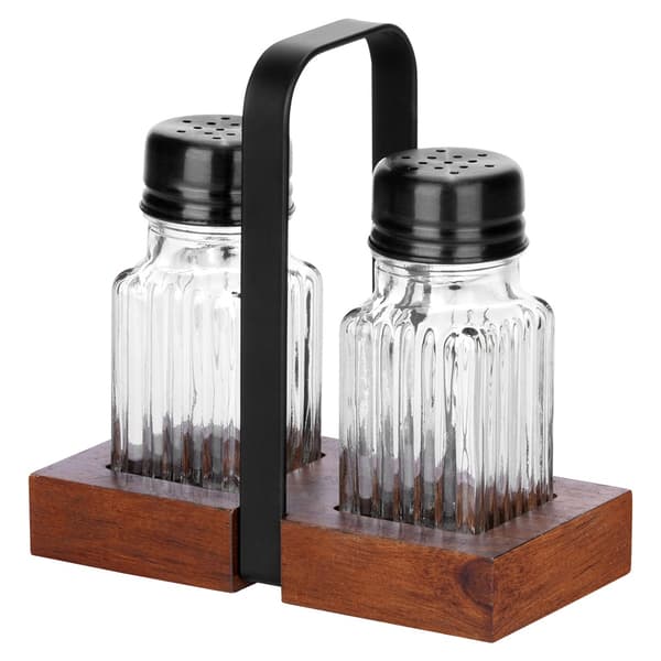 Salt och peppar shakers med stativ, 3-delad set