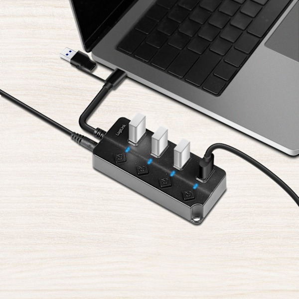 USB-hub 4-port med separate tænd/sluk-knapper USB-C/USB-A i USB 3.2 Gen1