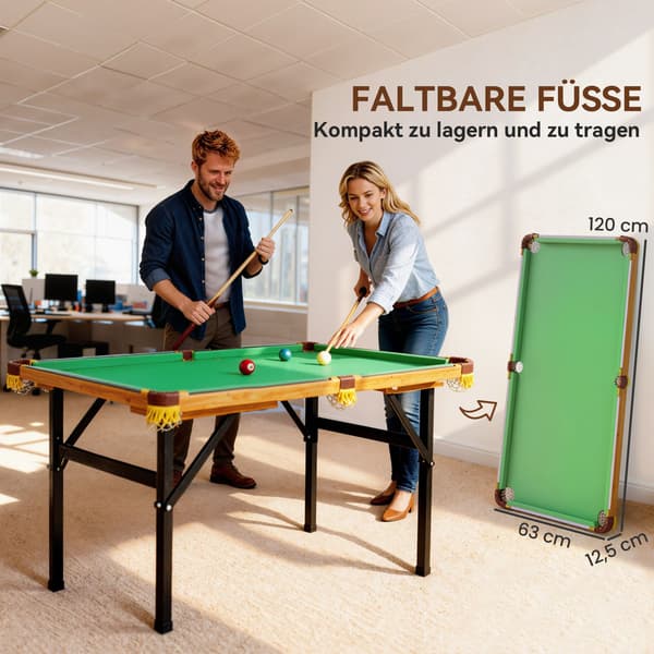 Sammenklappeligt mini-billardbord, 2 køer, 16 kugler, grøn