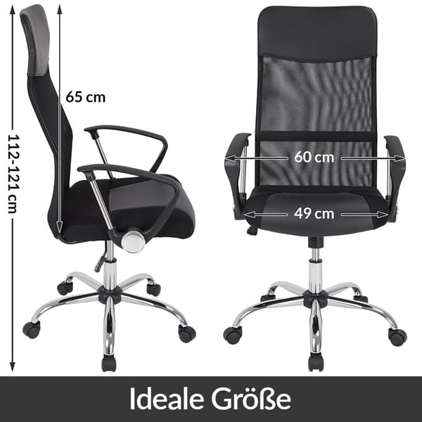 Ergonomisk sort kontorstol, net og PU-læder, høj ryg