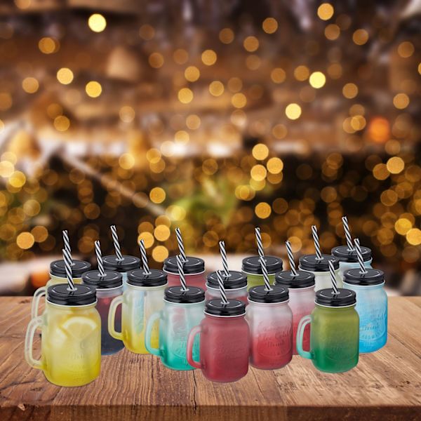 Färgglada dricksglas med lock set om 16 st