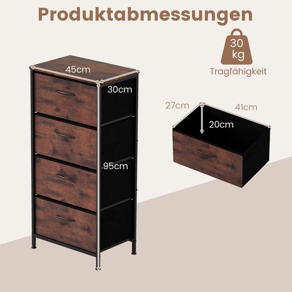 Kommode med 4 skuffer, træplade og metalstel, rustik brun