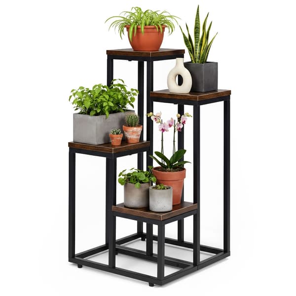 Loft-stil plantestativ med 4 hylder, stål og spånplade