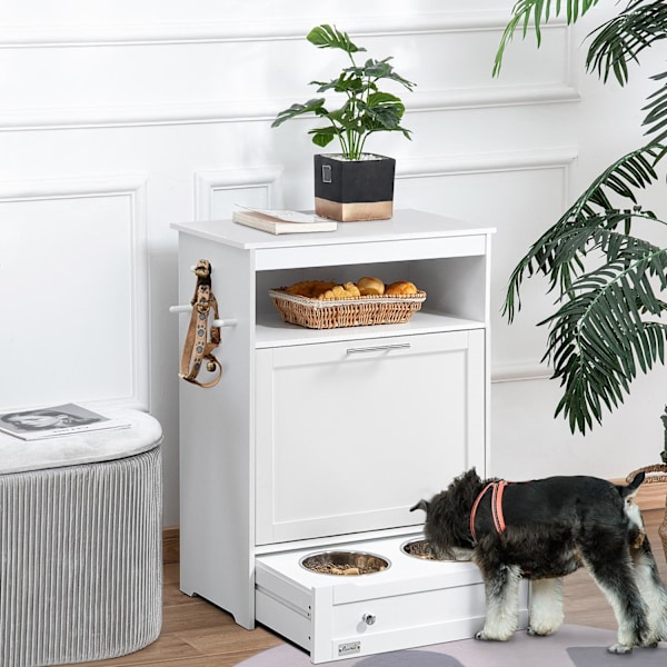Foderskab til kæledyr med 2 skåle i rustfrit stål, 3 kroge, kæledyrsfoderskab med opbevaringsskab, åbent rum og vippedør, foderstation til hunde, 61 x