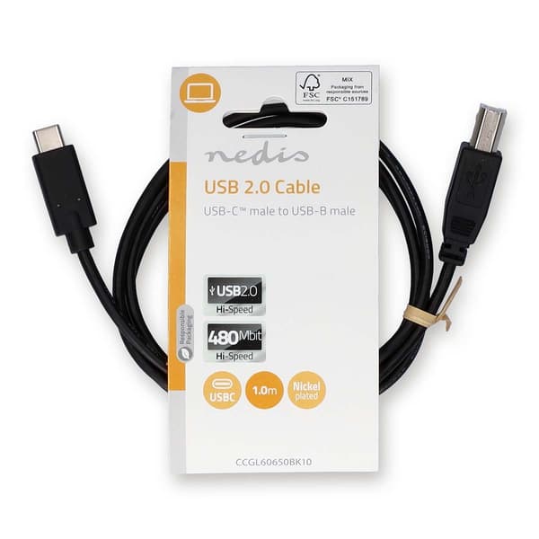 USB-kabel | USB 2.0 | USB-C™ Han | USB-B han | 480 Mbps | Nikkelplateret | 1.00 m | Runde | PVC | Sort | Label