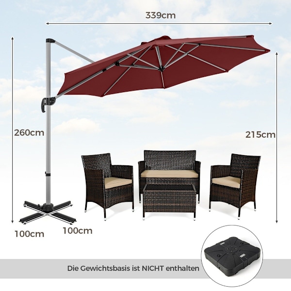 Ø 330 cm parasoll med vev &amp; UPF 50+ &amp; 360° roterande fribärande paraply trädgårdsparaply rött