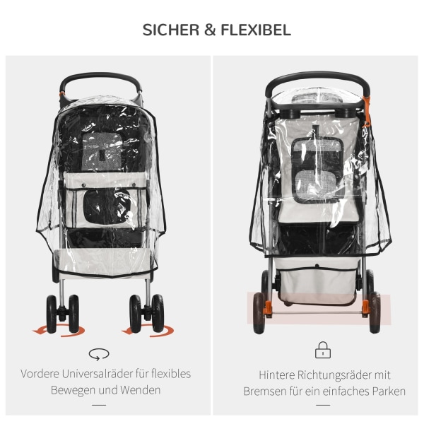 Hundevogn Hundevogn Med Regnslag, Foldbar Hundevogn Op Til 20 Kg, Grå, Med Kopholder & Mesh-Vindue, 75X45X97Cm