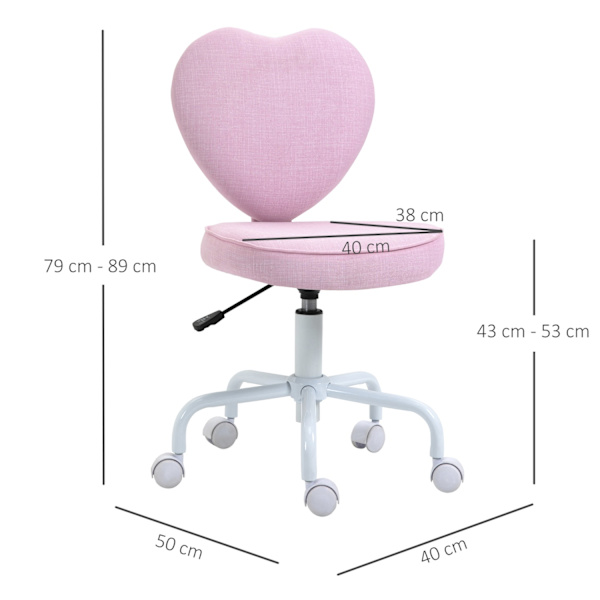 Drejestol Executive Stol Computer Stol Sæde Højdejustering Sød Hjerteformet Polstring Pink Hørstof 40 X 50 X 79-89 Cm