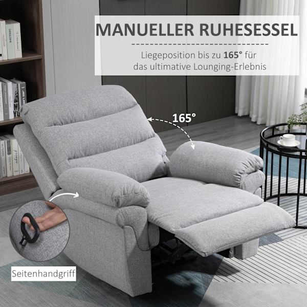 Avslappningsstol med liggfunktion, 165° lutning, fällbart fotstöd, linnetouch, vilstol, TV-stol, 91 x 92 x 102 cm, ljusgrå