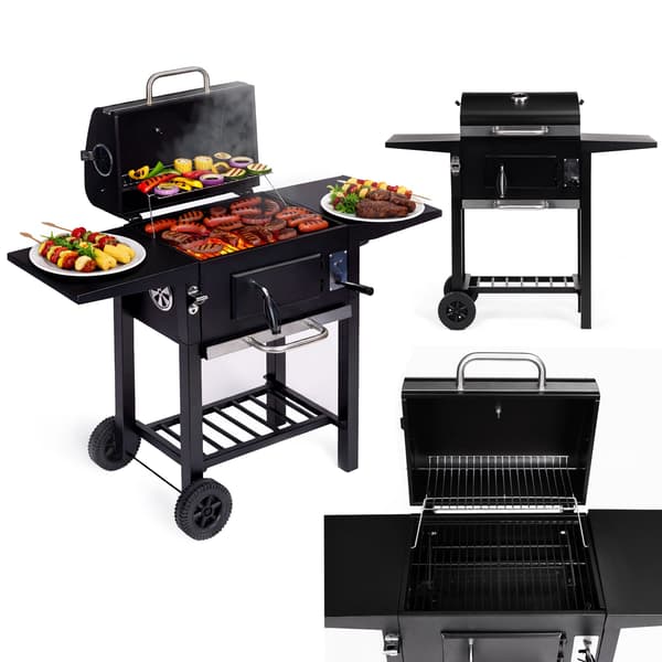 Trädgårdsgrill med kol, lock, justerbart galler, termometer