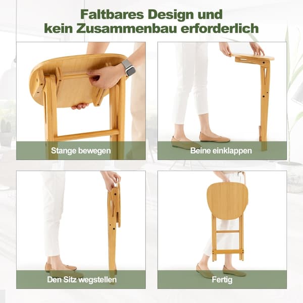 Hopfällbara barstolar i bambu, set om 2, sitthöjd 61 cm
