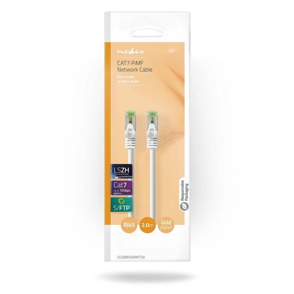 CAT7 nätverkskabel | S/FTP | RJ45 hane | RJ45 hane | 2.00 m | Snagless | Rund | LSZH | Vit | Låda