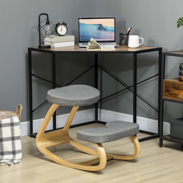 Ergonomisk knäböjd stol, björkträbas, grått tyg