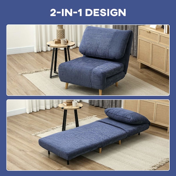 2-i-1 sovesofa, stoleseng, justerbar foldemadras, gæsteseng i fløjlsbukslook, til soveværelse, stue, blå, 82 x 89 x 83 cm Aosom