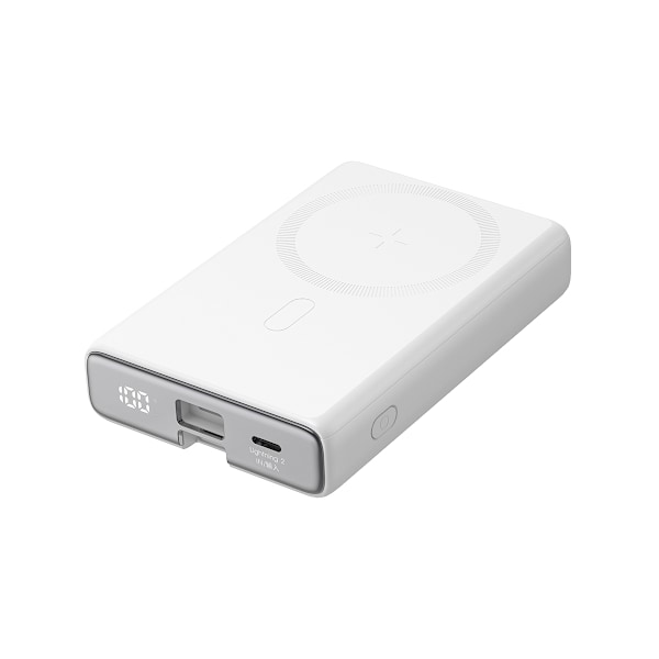 Magneettinen varavirtalähde 10000mAh 20W jalustalla + Lightning - USB-C-kaapeli, valkoinen