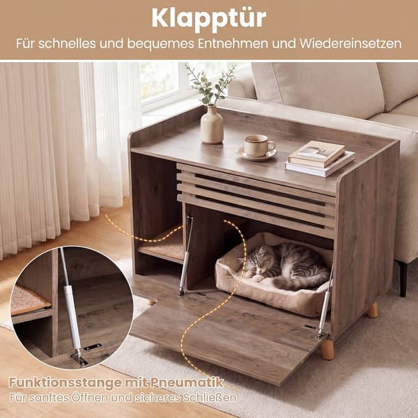 Kattlåda med fälldörr, brunt trä