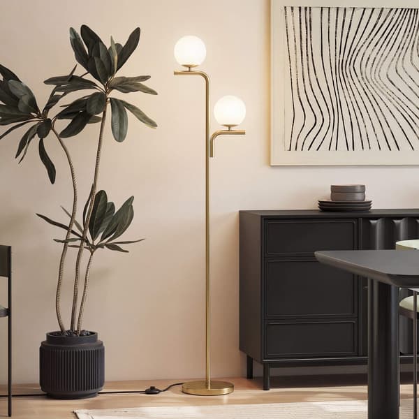 LED-gulvlampe, 3 farvetemperaturer, glaskugler, guld