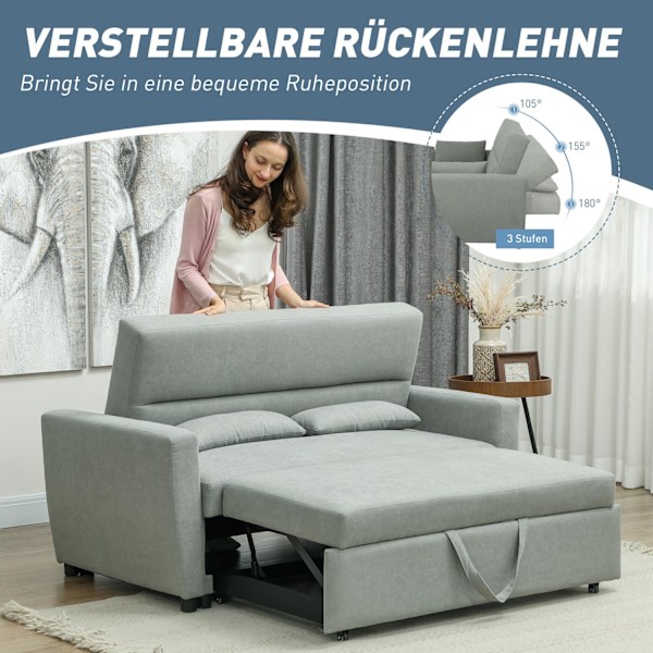 Sovesofa, 2-personers sofa med sovefunktion, justerbart ryglæn, sofa med hynder, fløjlslook, sovesofa med sengeboks til stue, gæsteværelse, lysegrå