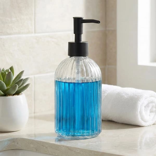Sæbedispenser i glas, 400 ml – transparent, ribbet design