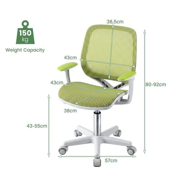 Ergonomisk drejestol til børn, grøn, højdejusterbar