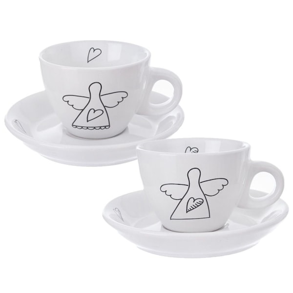Englemotiv espressosæt: 2 kopper & underkop i hvid keramik