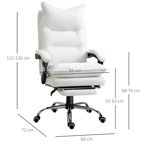 Kontorstol Med Fodstøtte, Højdejusterbar Skrivebordsstol, Drejestol, Ryglæn, Imiteret Læder, Hvid, 66 X 72 X 122-130 Cm
