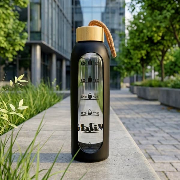 Lasinen vesipullo mustalla silikonisuojuksella, 600ml