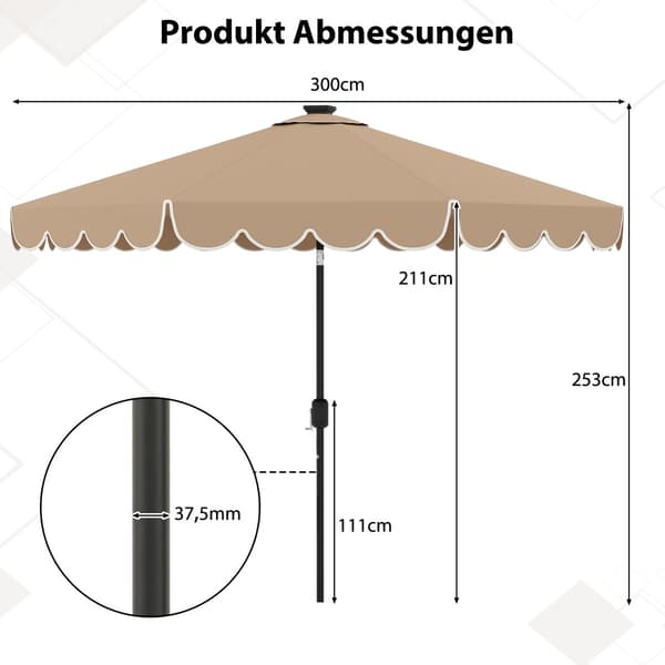 300 cm terrasseparasol med solcelledrevne LED-lys og håndsving