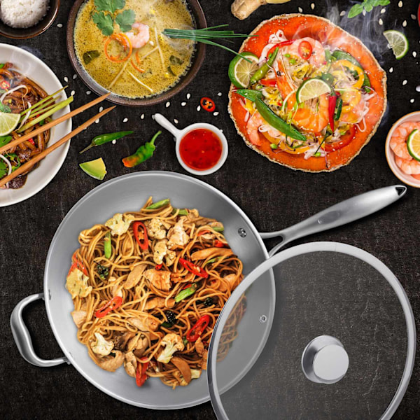 Wok i rostfritt stål med glaslock