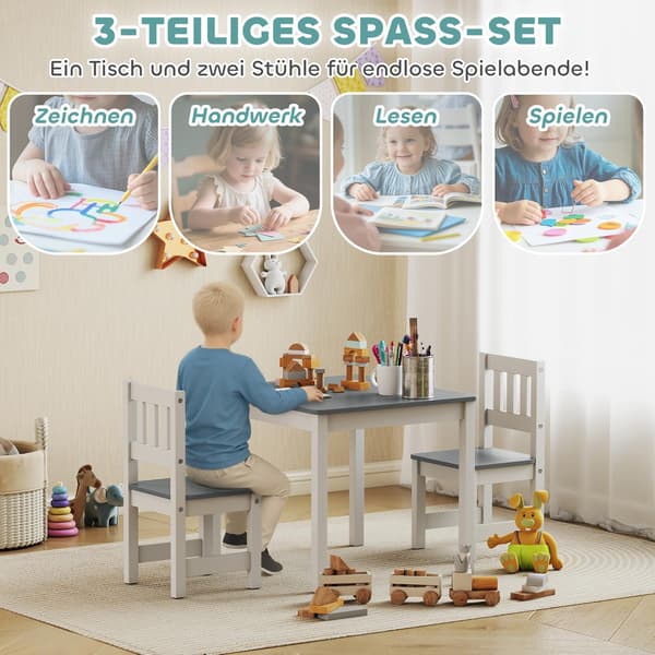 Lasten pöytä- ja tuolisarja, 3-osainen, harmaa, puu
