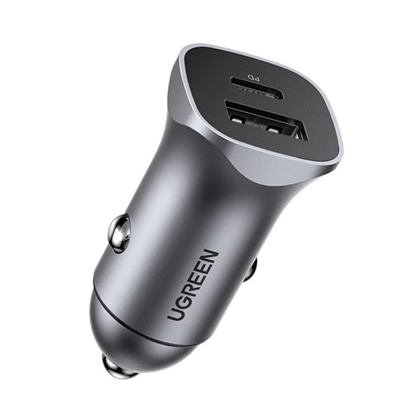 Ugreen USB-C / USB-A autolaturi, PD, QC, 24W - harmaa musta