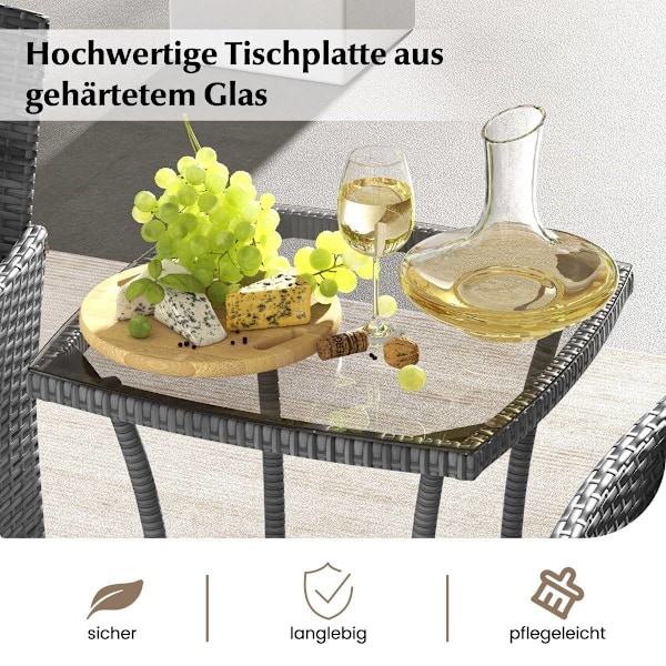 3-delt havemøbelsæt i polyrattan med glasbord og hynder. Møbelsiddegruppe i rattan. Havesæt i rattan, grå.