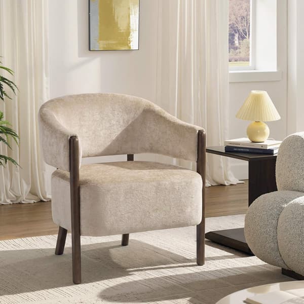 Chenille Lænestol med Massivt Træstel, Beige