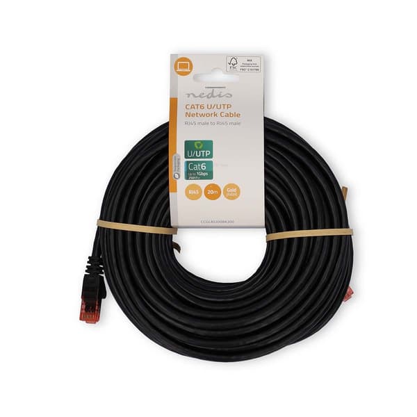 Kat 6 kabel | RJ45 Han | RJ45 Han | U/UTP | 20.0 m | Runde | PVC | Sort | Label
