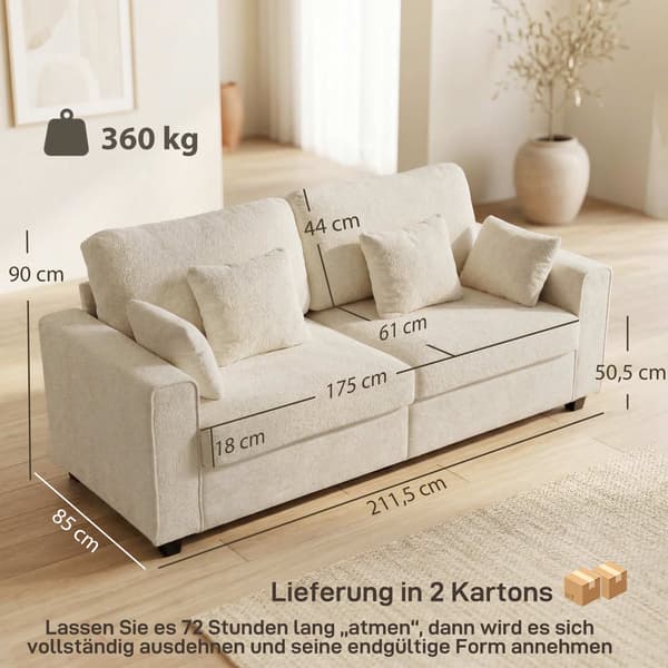 Beige 3-sitssoffa med sammetstyg och djup sits
