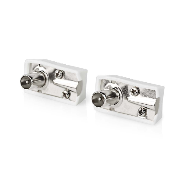IEC (coax) | Vinklat | Hane | Nickelplaterad | 75 Ohm | Skruva | Kabel input diameter: 7.0 mm | Metall / PVC | Vit | 2 st. | Låda