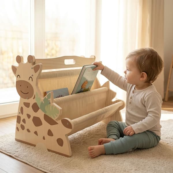 Barnbokhylla med 4 tygfickor – Giraffdesign