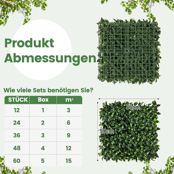 Pakke med 12 kunstig hæk plantevæg 50,5 x 50,5 cm Simuleret græsplæne kunstig plantegrøn