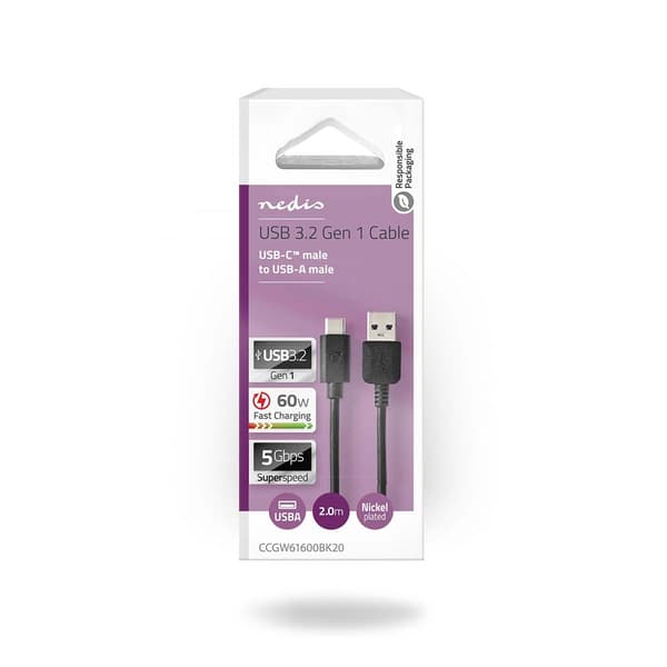 USB-kabel | USB 3.2 Gen 1 | USB-A Han | USB-C™ Han | 60 W | 5 Gbps | Nikkelplateret | 2.00 m | Runde | PVC | Sort | Box