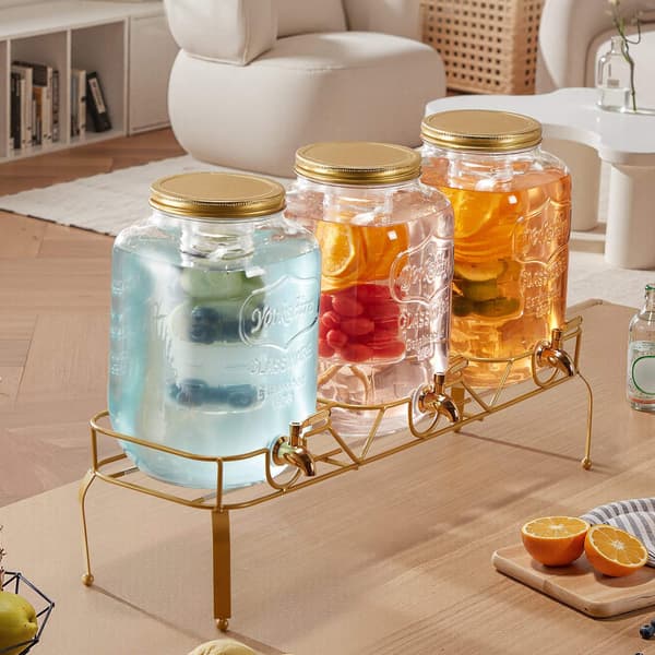 Glas drikkevaredispensersæt, 3 x 8L, stativ, tap