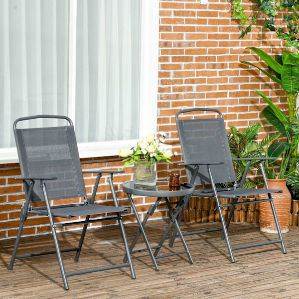 3-delat bistroset av metall, väderbeständig trädgårdsmöbelset med fällbart glasbord, trädgårdsstolar, utebalkongmöbelset, sittgrupp, balkongset, trädg