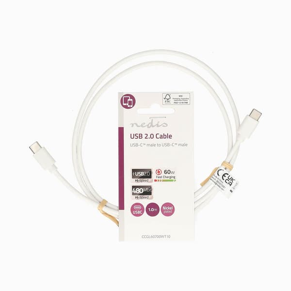 USB-C til USB-C opladningskabel 1.00 m, USB 2.0, 480 Mbps, 60 W, Hvid