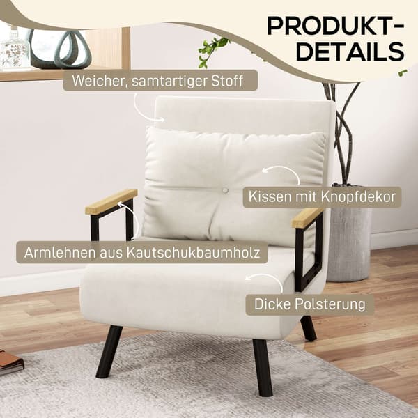 Konvertibel sovfåtölj, 5-positions vilfåtölj, krämfärgad, med dyna