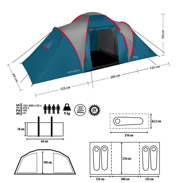 Campingtelt, blå/lysgrå, 4-personers