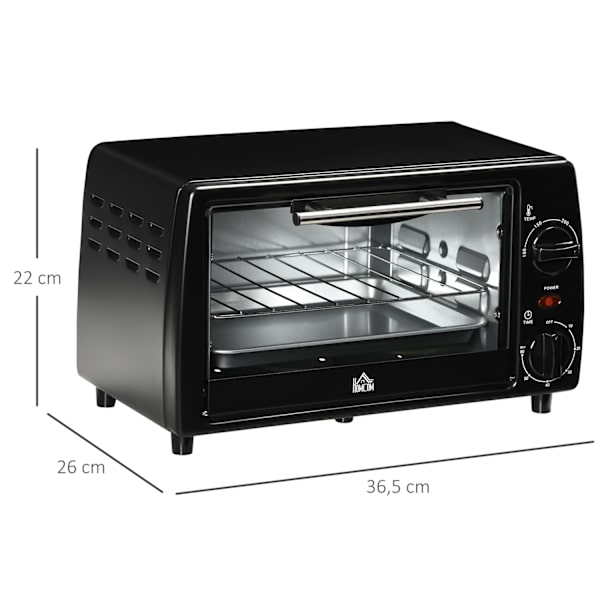 Mini Uuni 10 Litraa 750 W Pieni Sähköuuni, Lämpötila Jopa 230 ℃ Ajastin 60 Minuuttia Leivinpelti Ja Ritilä 36,5X26X22 Cm Musta