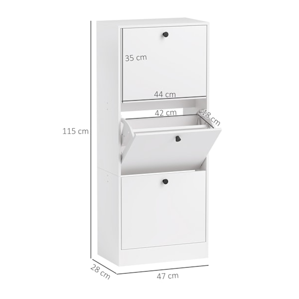 Skoskab med 3 klapper, skovipper, skohylde med justerbar skillevæg, smal skokiste til 12 par sko 47 x 28 x 115 cm, hvid